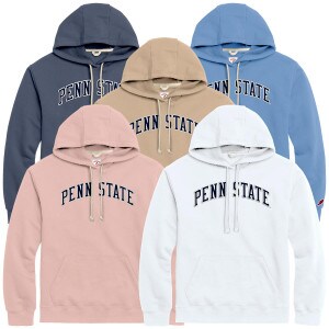denim blue, beige belle, light blue, pink, and white hooded sweatshirts with arched Penn State